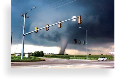 Tornado view through a junction with traffic lights